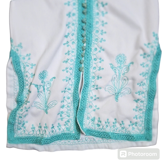 Vintage Moroccan Midi Dress Tunic Kaftan Hippie Teal Button embroidery Women OS - Picture 7 of 11
